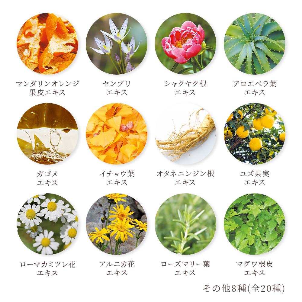 マンダリンオレンジ果皮エキス、センブリエキス、シャクヤク根エキス、アロエベラ葉エキス、ガゴメエキス、イチョウ葉エキス、オタネニンジン根エキス、ユズ果実エキス、ローマカミツレ花エキス、アルニカ花エキス、ローズマリー葉エキス、マグワ根皮エキス、その他8種（全20種）