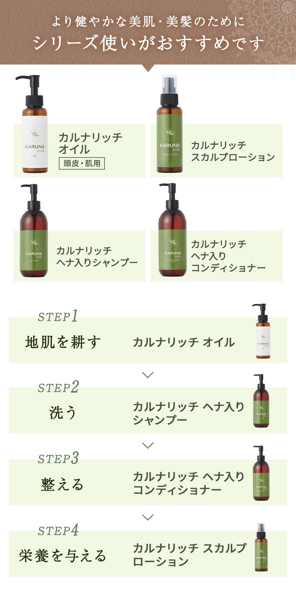 より健やかな美肌・美髪のためにシリーズ使いがおすすめです。STEP1:地肌を耕す(カルナリッチオイル)STEP2:洗う(カルナリッチヘナ入りシャンプー)STEP3:整える(カルナリッチヘナ入りコンディショナー)STPE4:栄養を与える(カルナリッチスカルプローション)