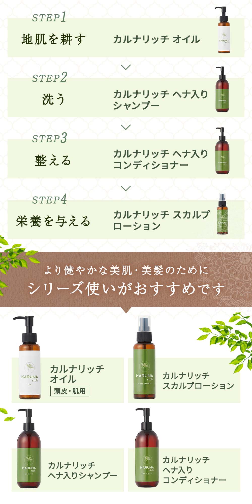 より健やかな美肌・美髪のためにシリーズ使いがおすすめです。STEP1:地肌を耕す(カルナリッチオイル)STEP2:洗う(カルナリッチヘナ入りシャンプー)STEP3:整える(カルナリッチヘナ入りコンディショナー)STPE4:栄養を与える(カルナリッチスカルプローション)