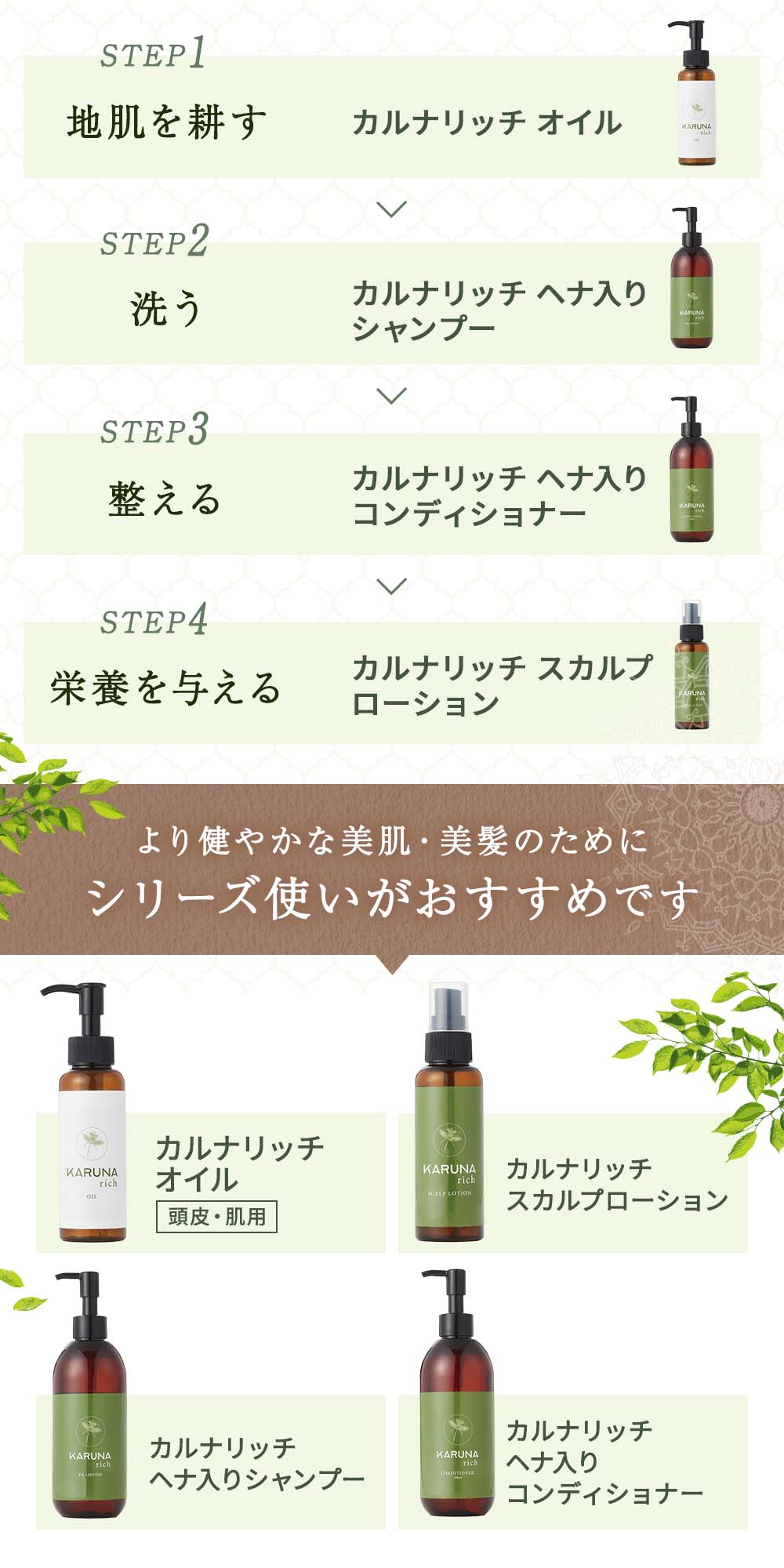 より健やかな美肌・美髪のためにシリーズ使いがおすすめです。STEP1:地肌を耕す（カルナリッチオイル）STEP2:洗う（カルナリッチヘナ入りシャンプー）STEP3:整える（カルナリッチヘナ入りコンディショナー）STPE4:栄養を与える（カルナリッチスカルプローション）