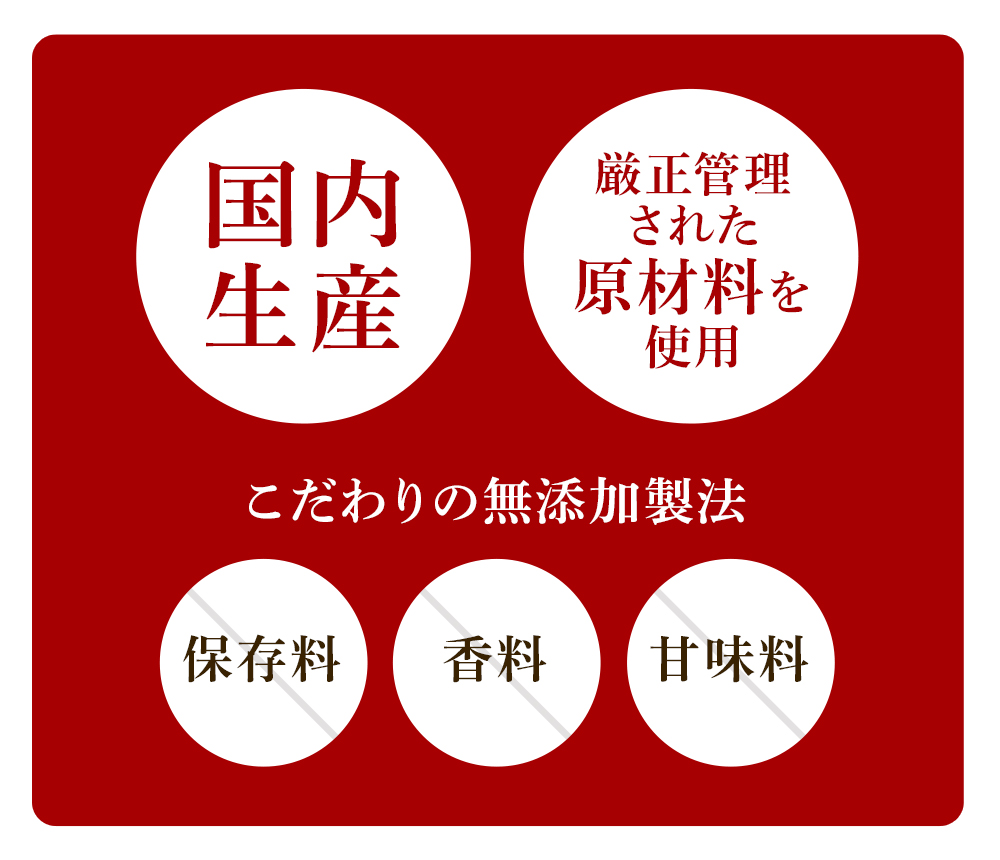 国内生産・厳正管理された原材料を使用・こだわりの無添加製法（保存料・香料・甘味料無添加）