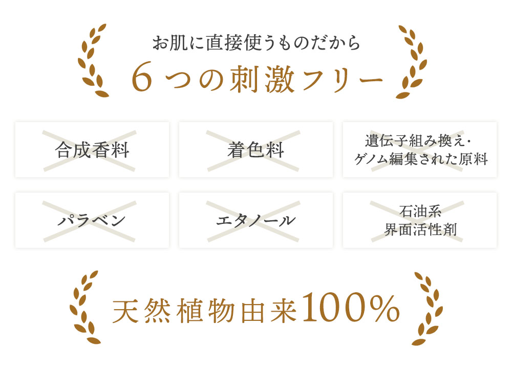 お肌に使うものだから6つの刺激フリーで、天然植物由来100%