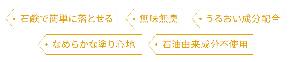 石鹸で簡単に落とせる・無味無臭・うるおい成分配合・なめらかな塗り心地・石油由来成分不使用