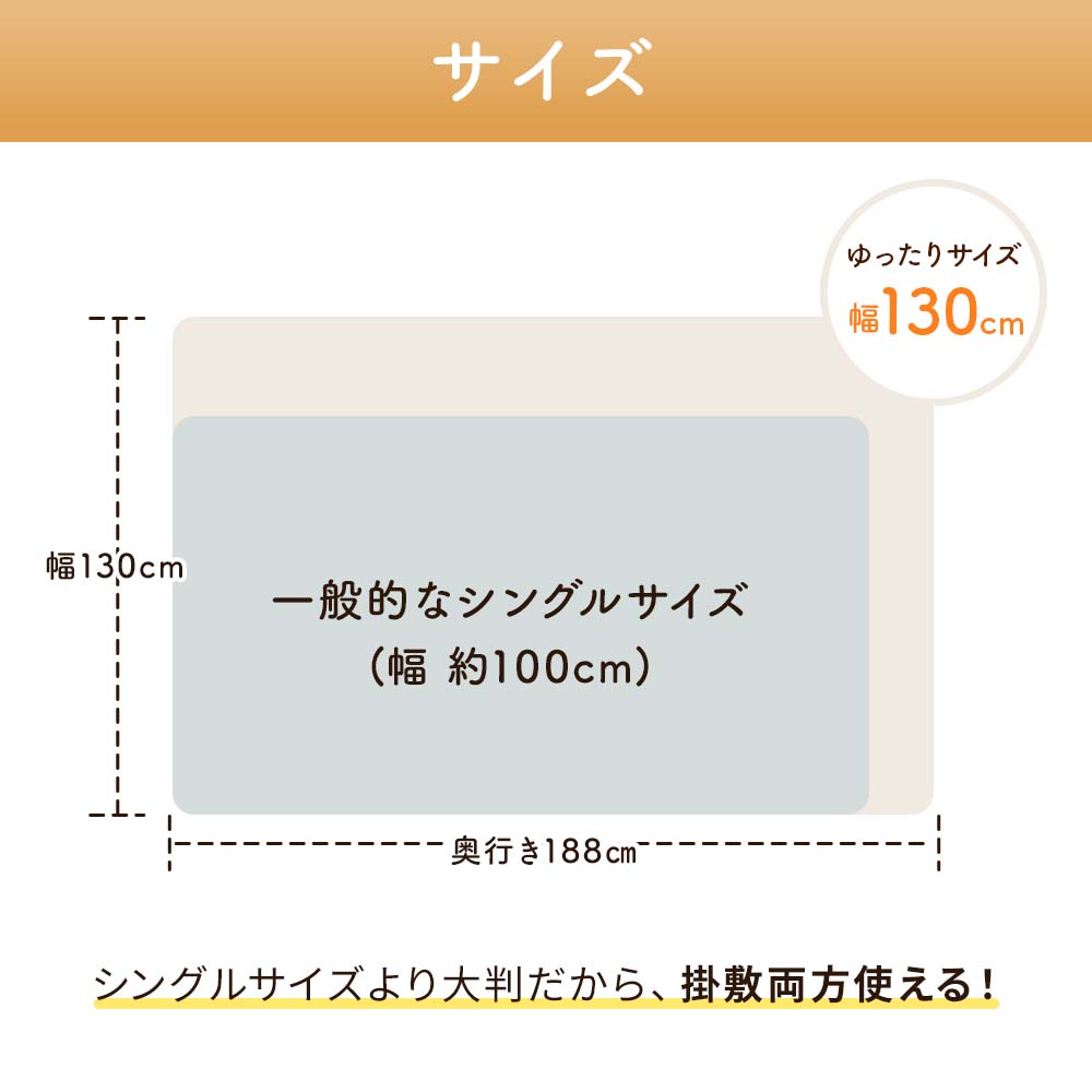 幅130cmのゆったりサイズで、シングルサイズより大判だから、掛け敷き両方使える！