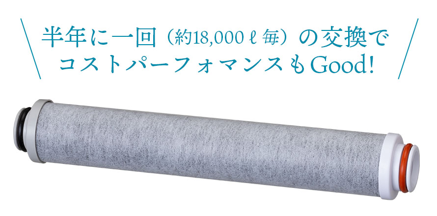 高性能なカートリッジは半年に一回（約18,000リットル毎）の交換でコストパーフォマンスもGood!